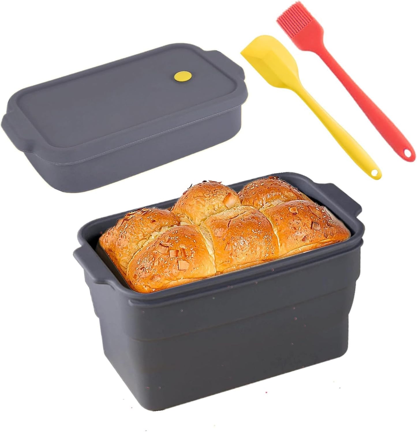Silicone Bread Loaf Pan, Non Stick Bread Pans, Collapsible, with Lid & Oil Brush & Scraper, Bread Bakeware Pan for Homemade Bread, 8.6×5.1×1.9'', 2QT Bread Baking Mold, Brownie Loaf Pan