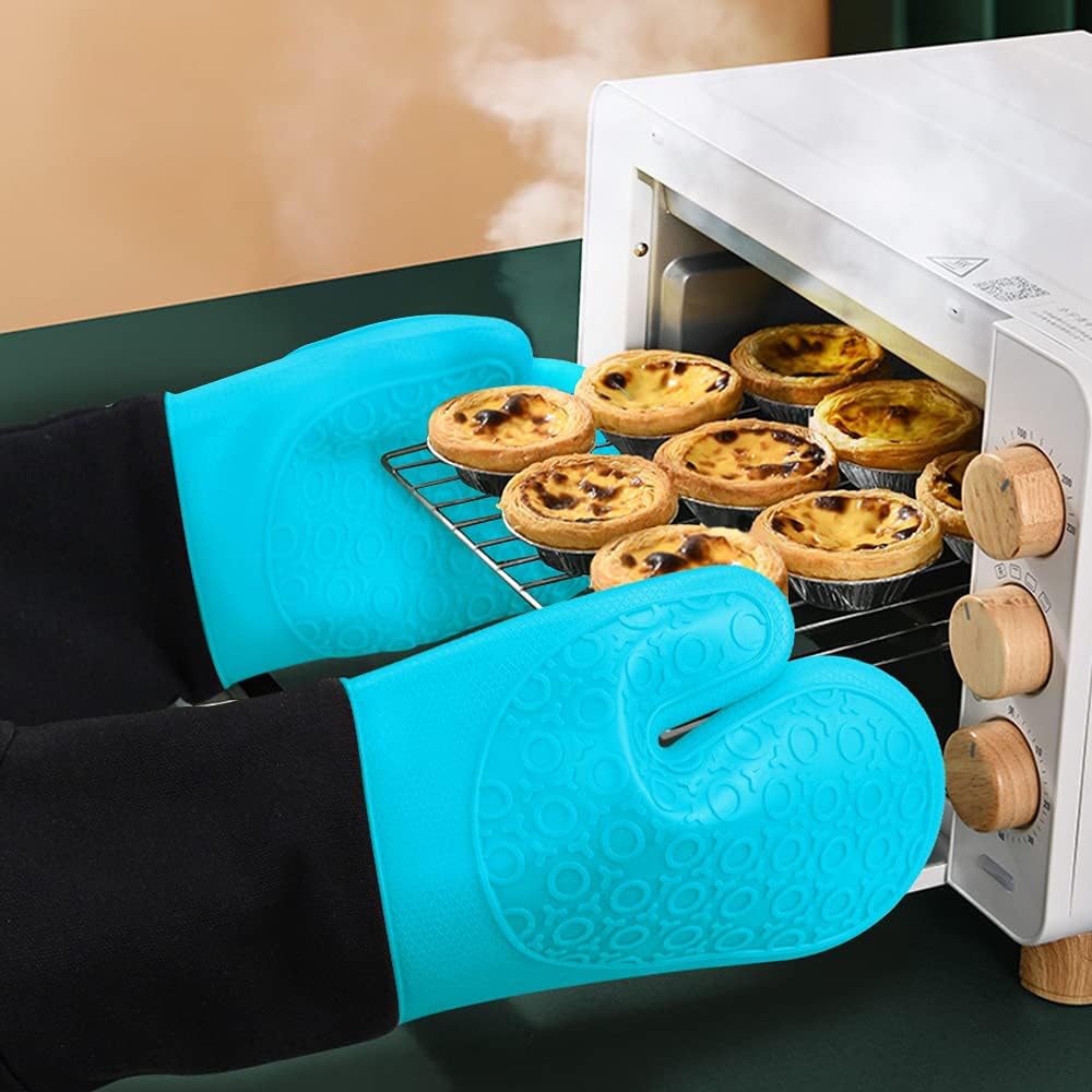 sungwoo Extra Long Silicone Oven Mitts, Heat Resistant Oven Gloves with Quilted Liner Non-Slip Textured Grip Perfect for BBQ, Baking, Cooking and Grilling - 1 Pair 14.6 Inch Turquoise & Black