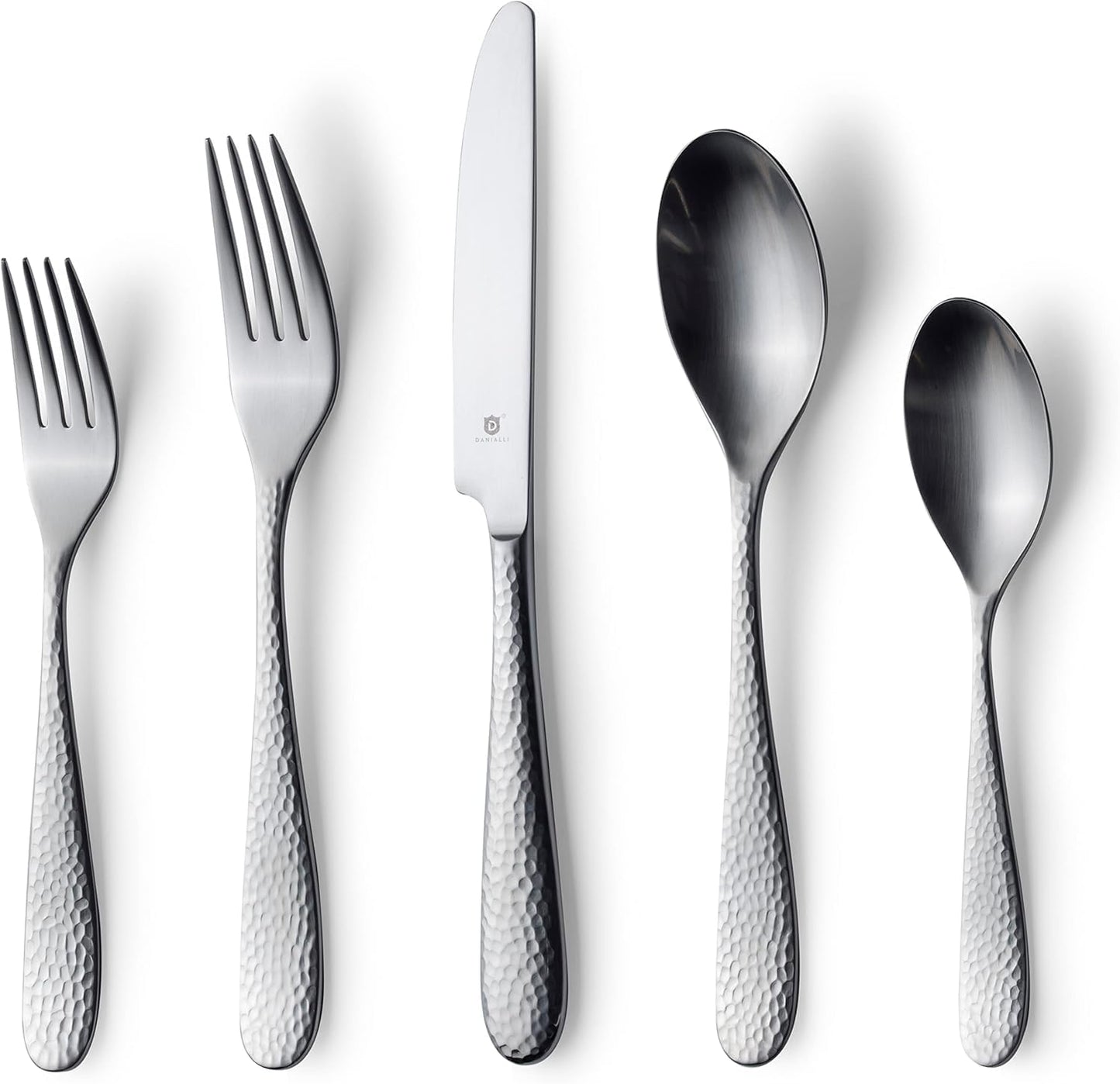 Matte Silverware Set, 18/10 Stainless Steel Satin Flatware, Modern Brushed Finish Cutlery, Dishwasher Safe & Durable, Built to Last (40-Piece, Fidenza Hammered)