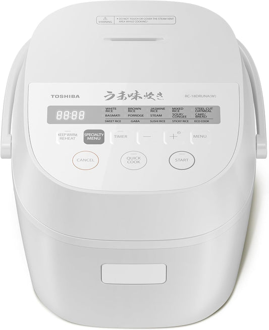TOSHIBA Umami Smart Rice Cooker 10-Cup Uncooked, Fuzzy Logic, 15-in-1 Functions, Digital Display, Delay Timer, Keep Warm, Nonstick Inner Pot, White