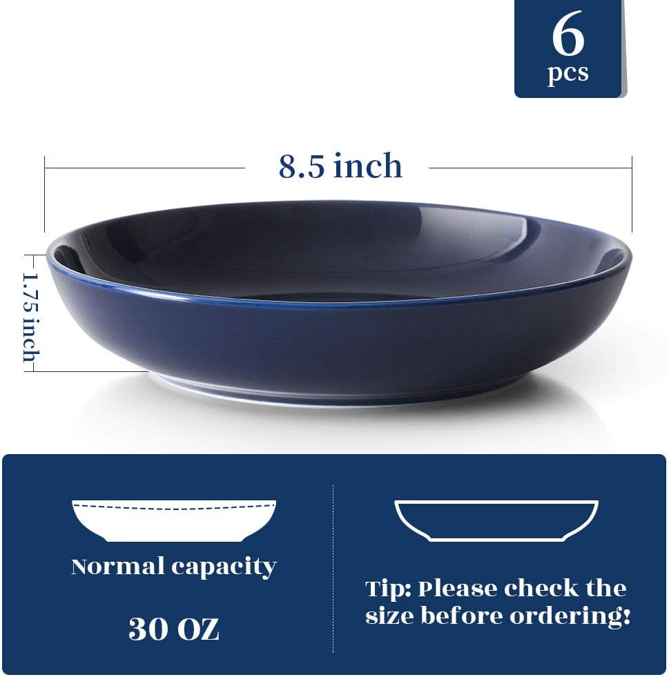 Y YHY Pasta Bowls, 30oz Soup Bowls Salad Bowls Large Serving Bowl Porcelain Pasta Plates Wide and Shallow Bowls Set of 6 Microwave Dishwasher Safe, Blue