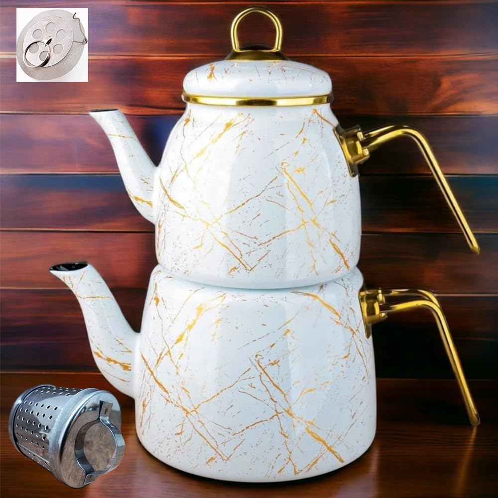 Vintage Turkish Teapot Tea Pots Kettle Set for Stovetop Stove Top Decorative Infuser Party Cups Glasses Floral Unique Boiler Samovar Strainer Loose Leaf Kitchen Style Enamel Decor (White-Gold)