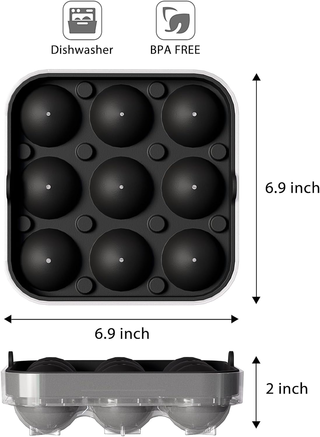 Wanderworld Ice Tray Combo, Silicone Reusable 2 inch Big Ice Freezer Mold, 9 Cubes& 9 Sphere Ice Maker tray with lid for Whiskey, 2 pack.