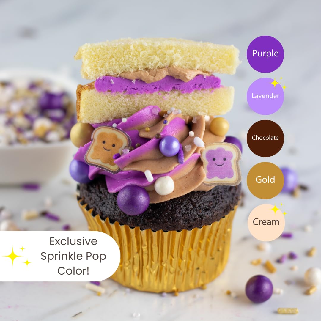 Sprinkle Pop PB&J Sprinkle Mix| lavender Purple Gold Cream Chocolate Sprinkles with ~10 Peanut Butter & Grape Jelly Slice Wafer Papers| Sprinkles Made in USA for Decorating Cake Cupcakes Cookies, 2oz