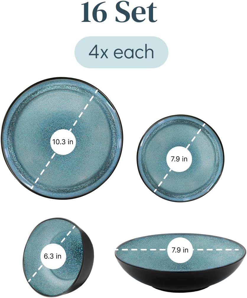 16 Piece Dinnerware Sets for 4 - Modern Style Stoneware Dinnerware Set - Scratch Resistant, Dishwasher Safe Plates and Bowls Sets Ceramic, Dish Set, Bowl and Plate Set - Black and Petrol Blue…