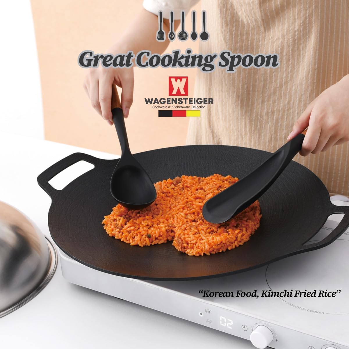Silicone Cooking & Serving Spoon: Multi-Purpose Cooking Tool for Basting Serving Scooping Scraping Mixing Basting, Non-stick Cookware Safe, Wooden Handle Design