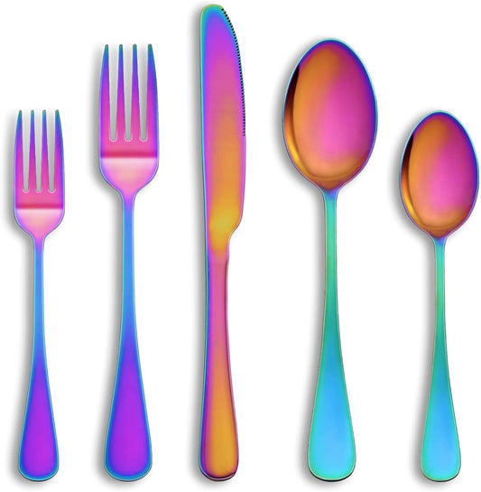 40 Pcs Rainbow Silverware Set Service for 8,Stainless Steel Flatware Serving Sets,Kitchen Tableware Set,Utensil Set for Home and Restaurant,Knives Forks Spoons Set,Mirror Polished,Dishwasher Safe