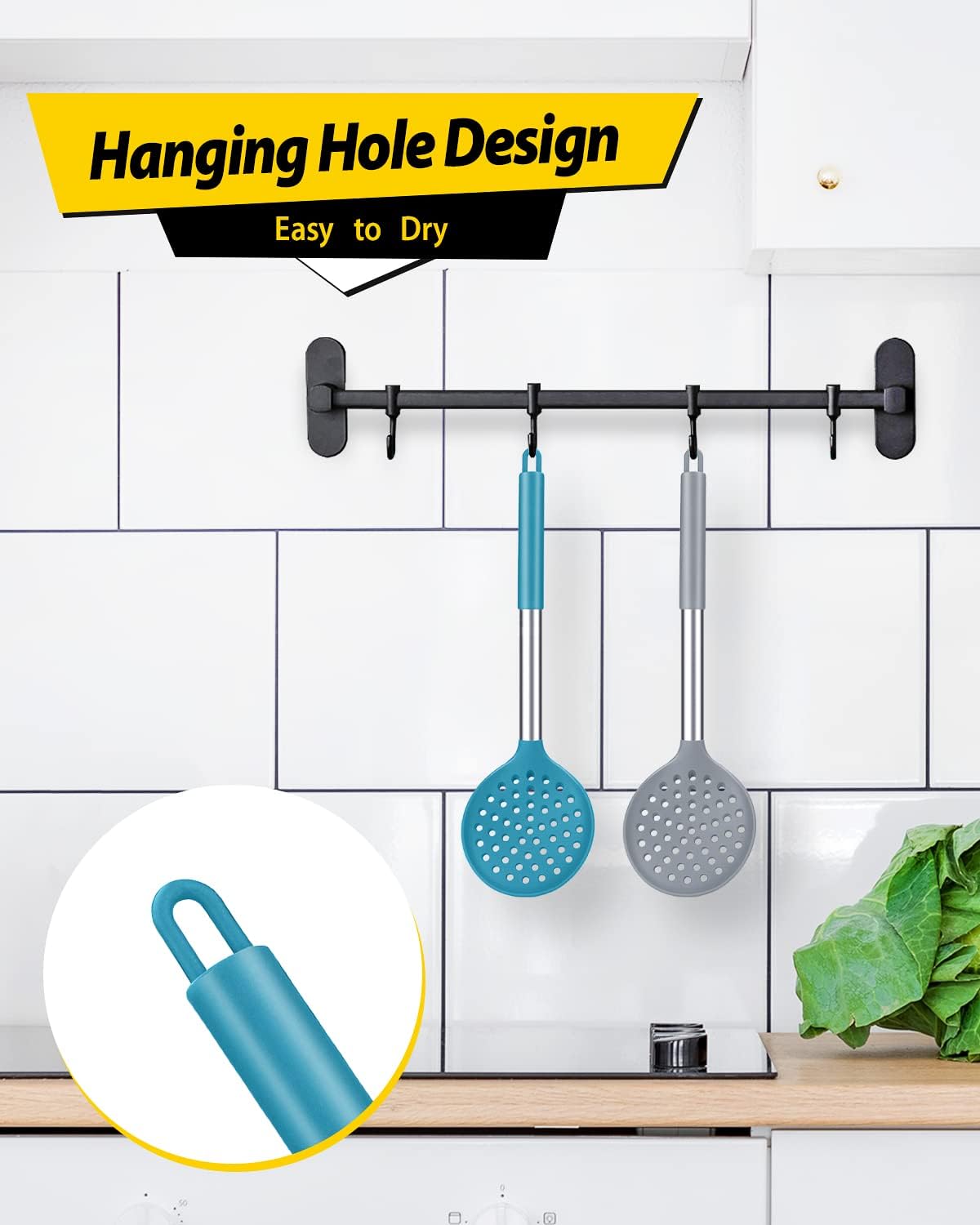 Kitchen Ladle Strainer Set of 2 Large Slotted Spoon with High Heat Resistant BPA Free Non Stick Cooking Skimmers For Draining and Frying (Grey and Teal Blue)