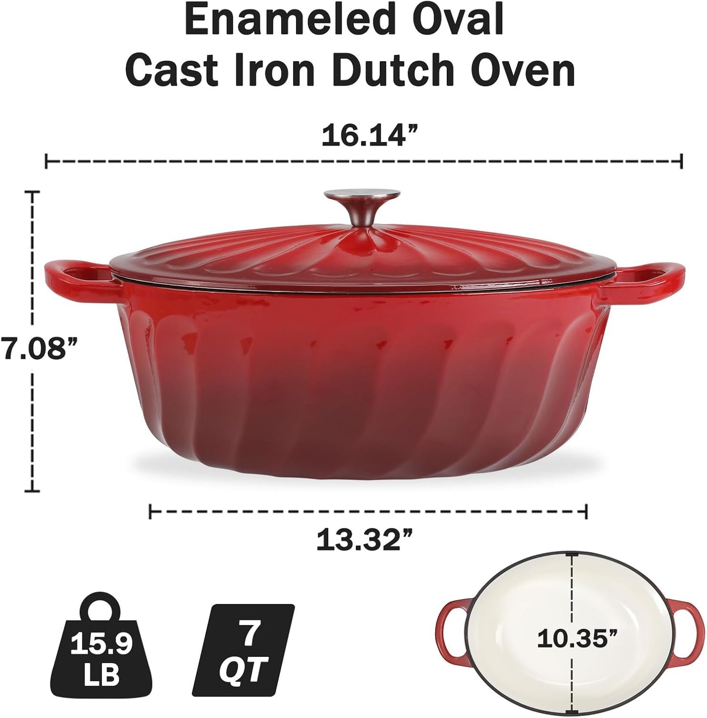 Enameled Oval Dutch Oven Pot with Lid, 7 QT Cast Iron Dutch Oven with Dual Handles for Cooking, Bread Baking, Frying, Non-stick Enamel Coated Oven (7 QT Gradient Red)