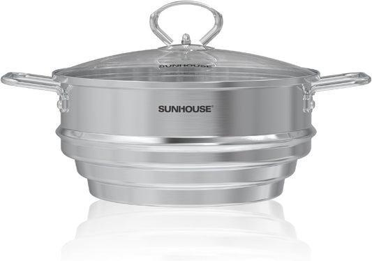 SUNHOUSE 5 Quart Stainless Steel Steamer Insert – Multi-Purpose Soup & Food Steamer with Stay-Cool Handles & Heavy-Duty Glass Lid – Fits Various Pot Sizes (8", 9", 9.5")