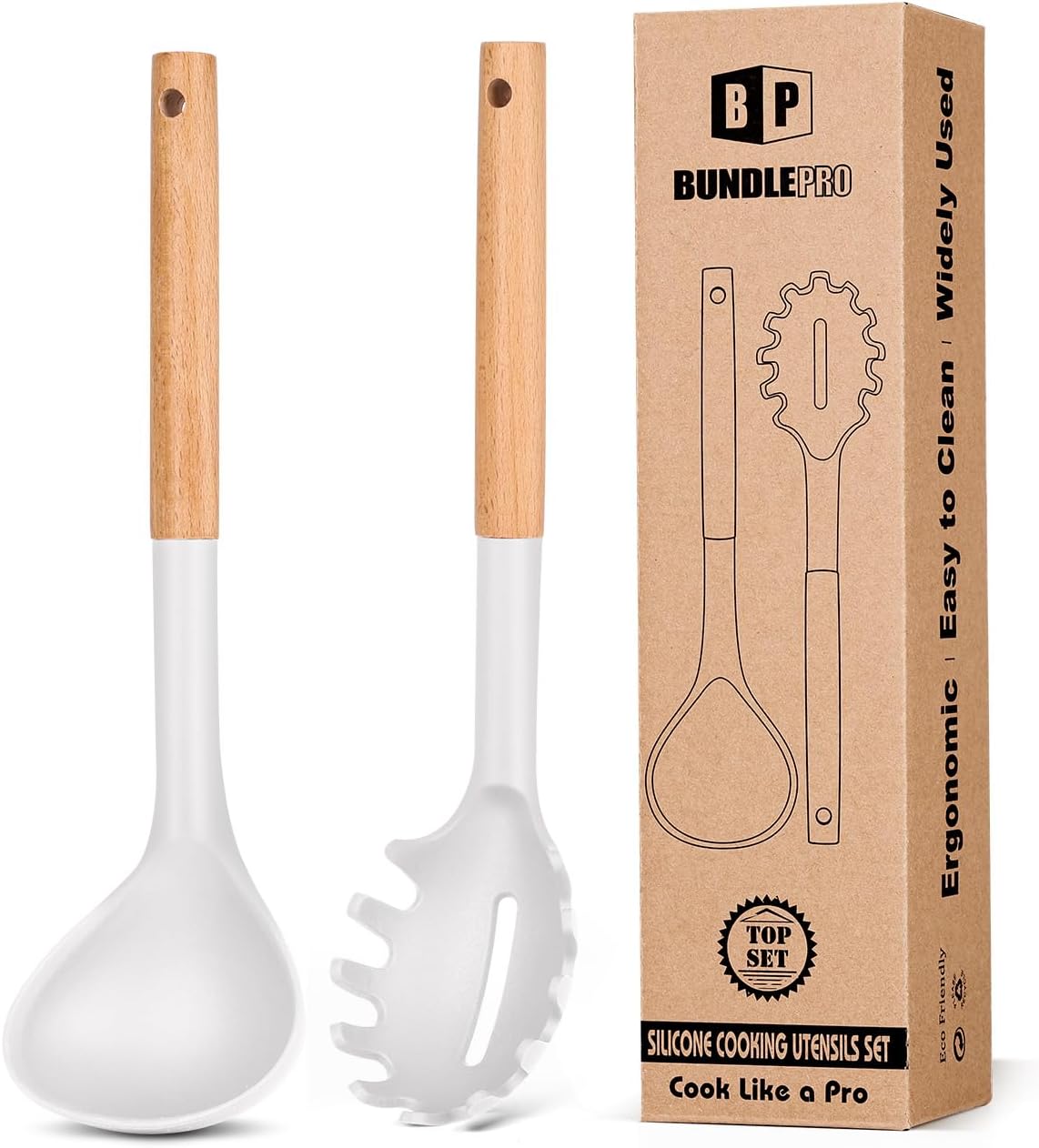 Silicone Pasta Fork and Ladle Spoon Set with Wooden Handle, Heat Resistant Non Stick Kitchen Utensils for Cooking, Stirring, Serving Spaghetti, Soup, Sauce(WHITE)