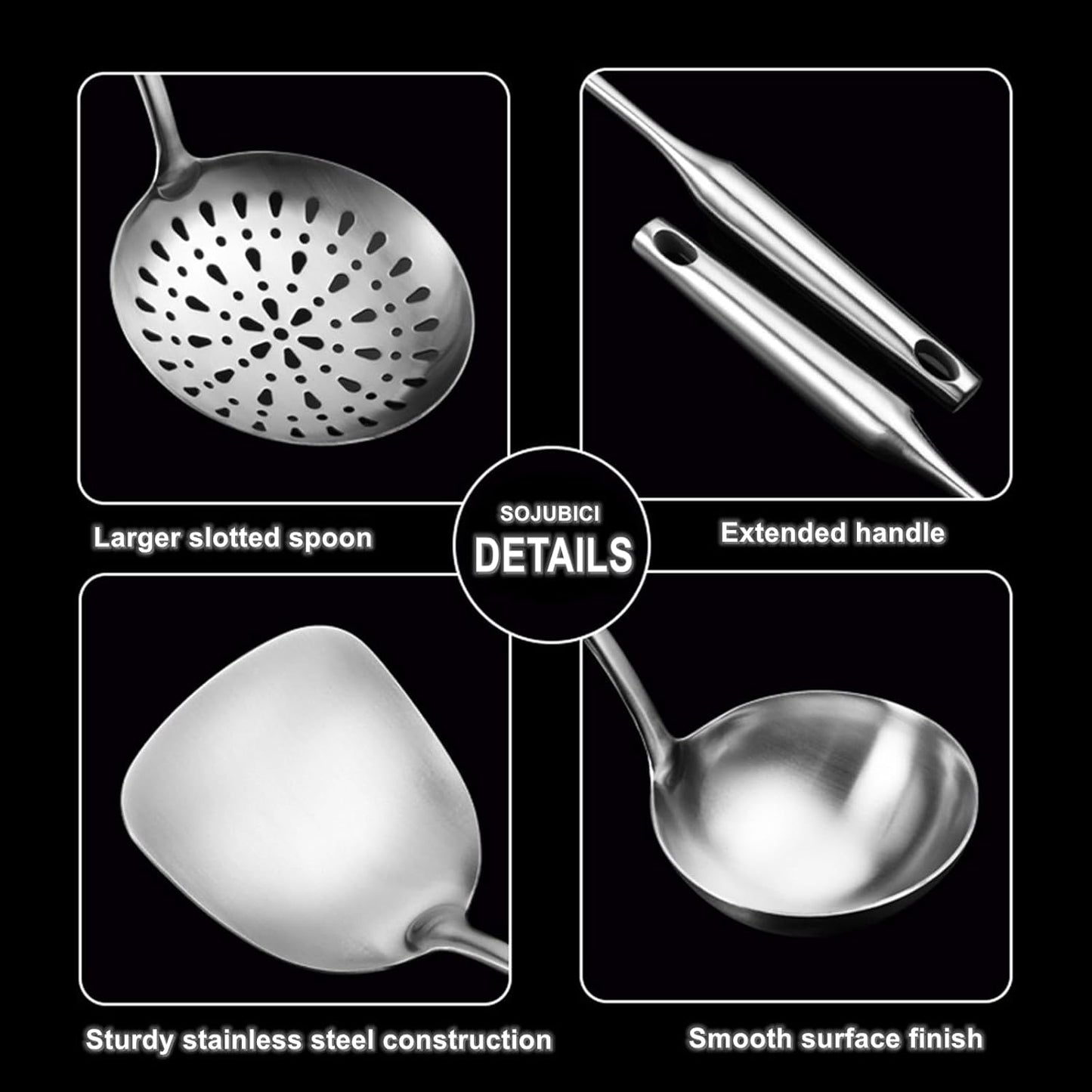 Cooking Utensils Set Stainless Steel Kitchen Metal Serving Utensils Set of 6 Pcs-Wok Spatula Ladle Set, Slotted Skimmer, Pasta Server, Serving Spoon, Slotted Spatula Tunner,Dishwasher Safe