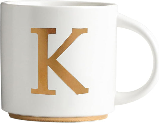 COLLECTIVE HOME - Monogram Ceramic Mugs, 15 oz Golden Initial Coffee Cups, Elegant Alphabet Tea Mugs, Elegant Personalized Mug with Gift Box, Unique Mug with Double Side Capital Letter (K)