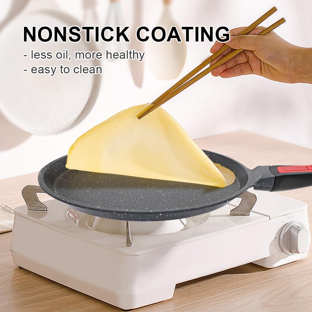 Non Stick Crepe Pan with Detachable Handle, 10 Inch Cast Aluminium Dosa Tawa Tortilla Pan, Pancake Pan Induction Compatible - Black