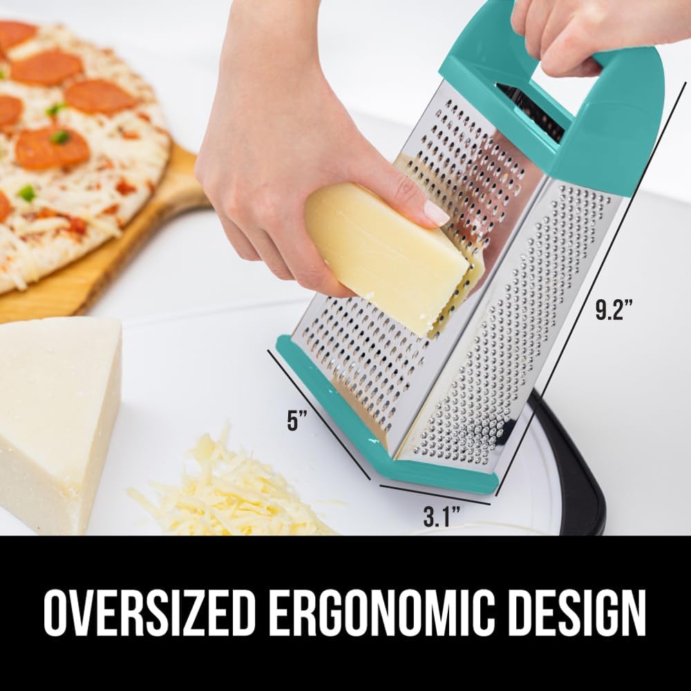 GORILLA GRIP 4-Sided 100% BPA-Free Cheese Grater With Container, Stainless Steel Box Graters, Parmesan Shredder, Grate Cheeses, Shred Veggies, Slip Resistant Handle, Dishwasher Safe Zester, Turquoise