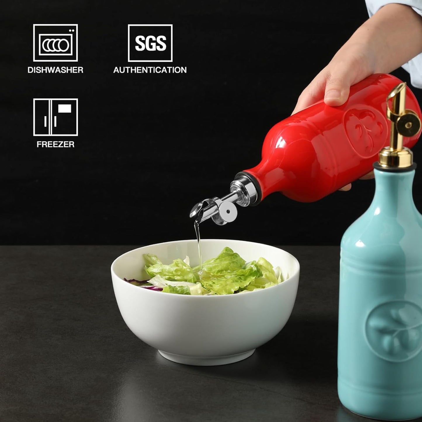 Sweejar 16 Oz Ceramic Olive Oil Dispenser Bottle, Oil Dispenser for Kitchen with Gravity Spout, Relief Opaque Oil Container for Evoo, Avocado Oil, Vinegar, Soy Sauce, 1 Pack(Red, Silver Spout)