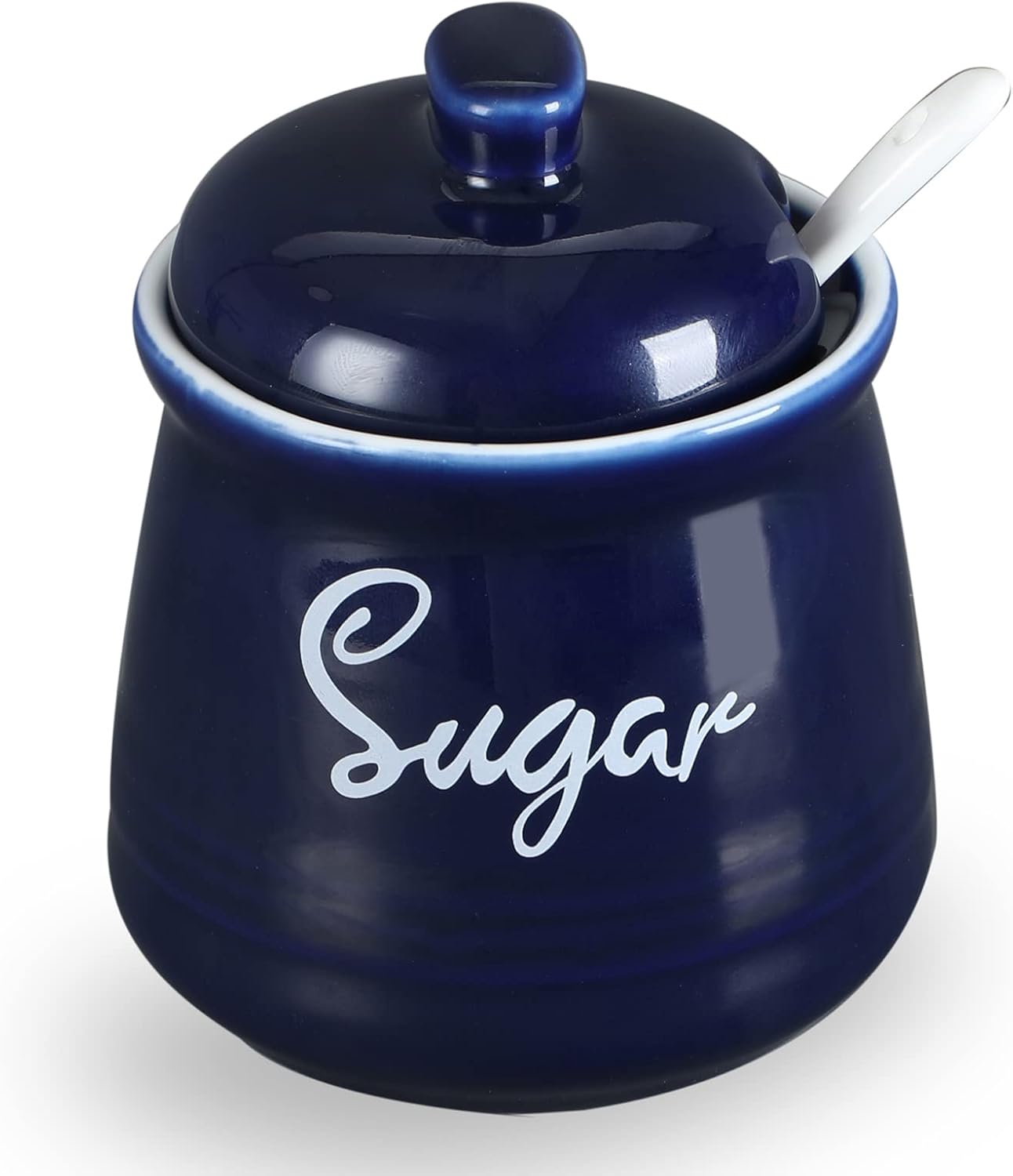 HAOTOP Farmhouse Porcelain Sugar Bowl with Lid and Spoon 12oz,Easy to Clean (Navy)
