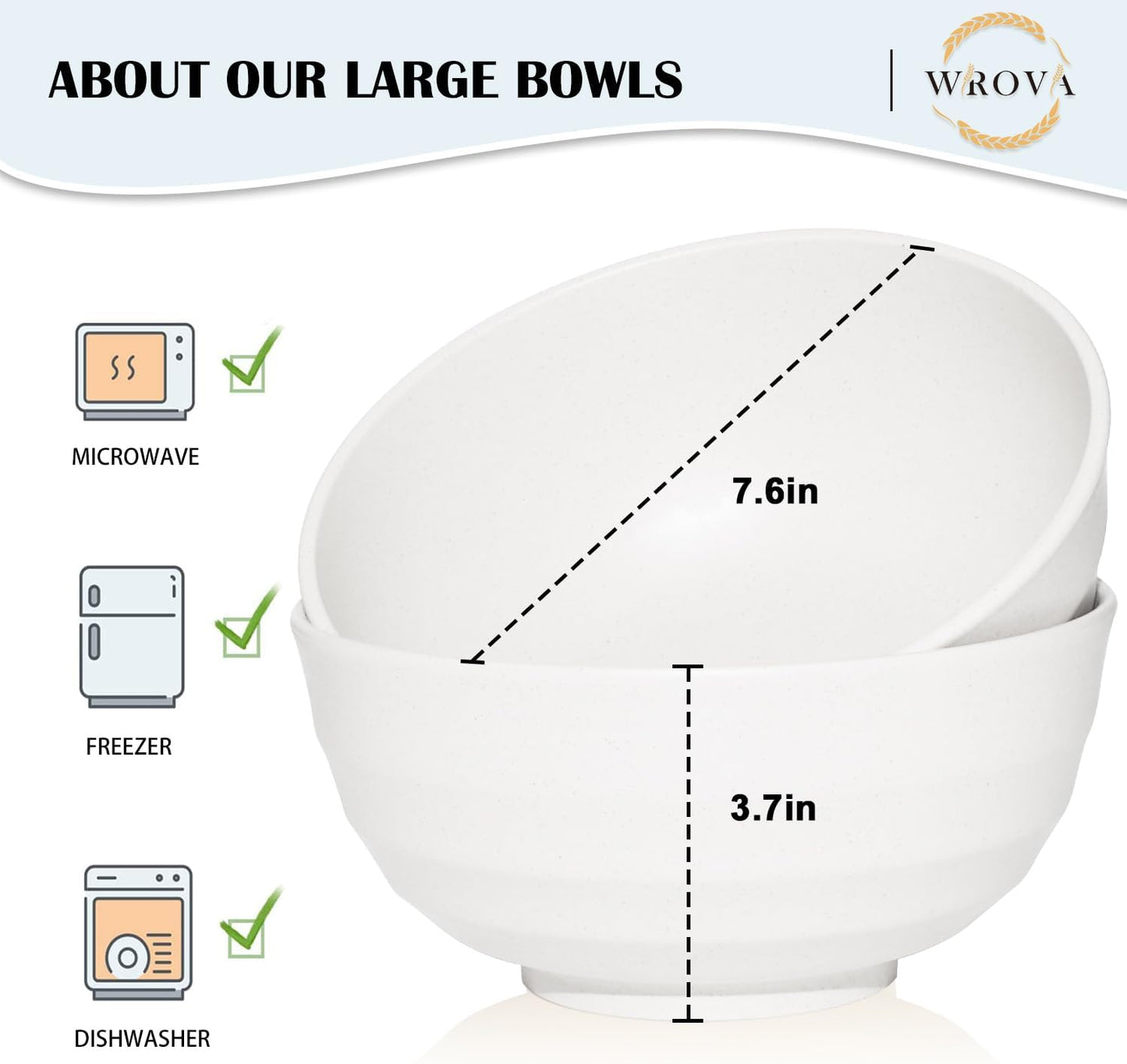 Wheat Straw Bowls Set 60 OZ, Unbreakable Large White Bowls Set of 6, Microwave and Dishwasher Safe Big Cereal Bowl for Dorm and Apartment, Salad Bowl for Serving Oatmeal and Popcorn (White)