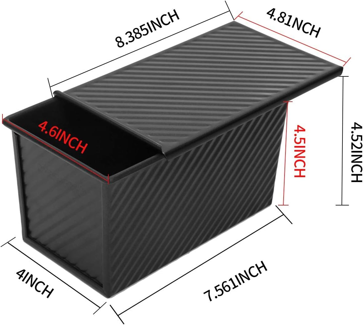 CHEFMADE Pullman Loaf Pan with Lid 2 Pcs, 1Lb Dough Capacity Non-Stick Rectangle Corrugated Bread Pan, Carbon Steel Toast Pan with Cover for Baking Bread - Black