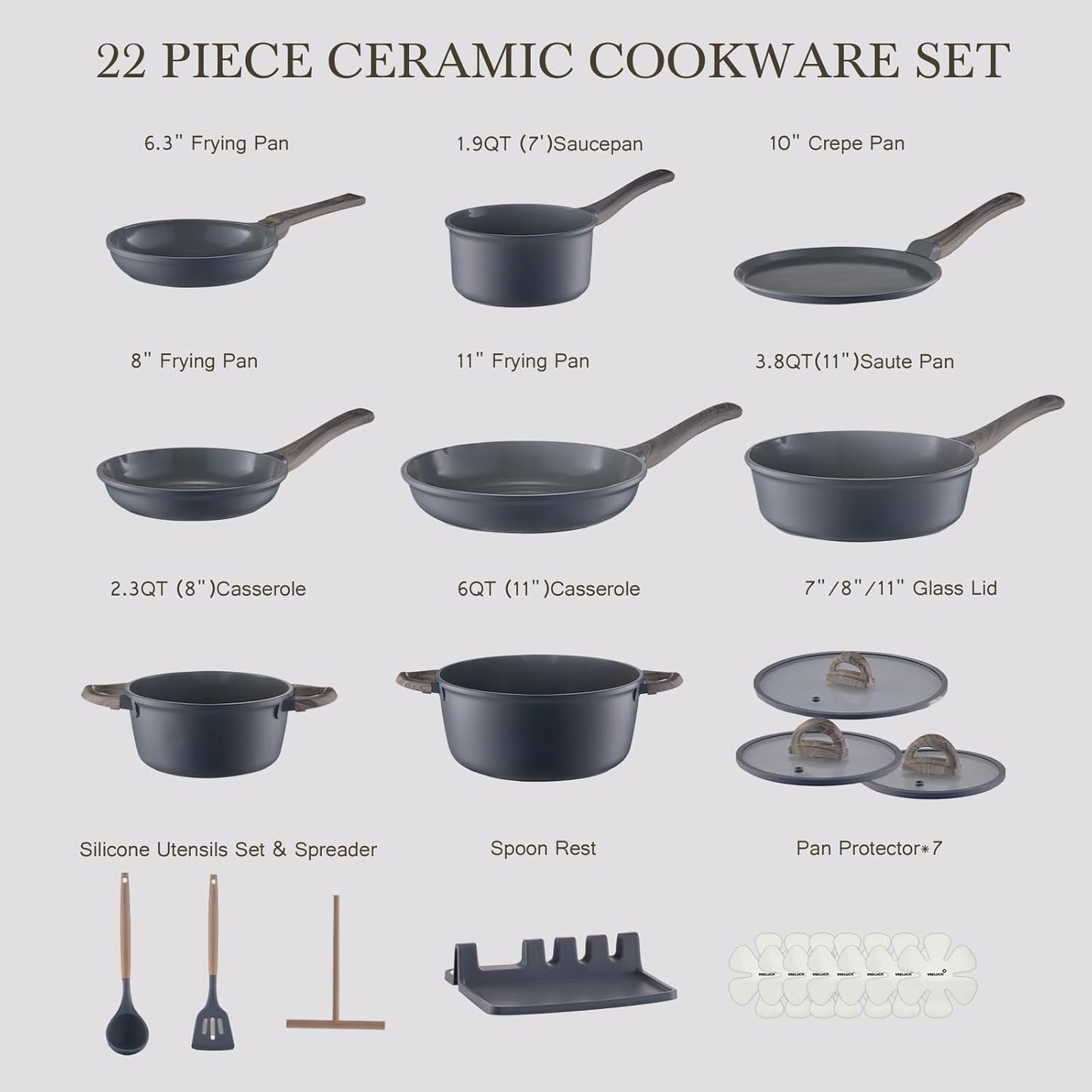 22Pcs Pots and Pans Set Non Stick Non-Toxic Ceramic Cookware Sets Nonstick Kitchen Pot and Pan Set With Lid Gray Granite Induction Compatible with Glass Lids 10" Griddles Frying Pan PFOA/PFOS-Free