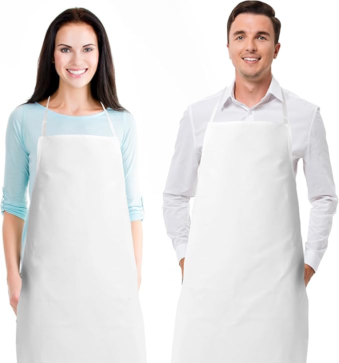 White Classic White Aprons - Commercial Chef Bib Apron for Kitchen and Restaurant Cooking without Pockets, Unisex Women and Men, Adult - 2 Pack