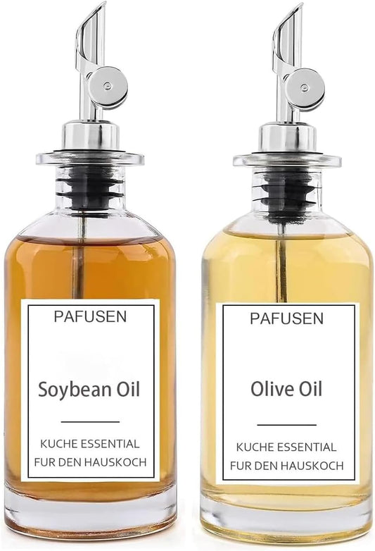 Pafusen 2 Pack Olive Oil Dispenser Bottle, 12 oz Oil Bottles for Kitchen, Glass Oil Coffee Syrup Dispenser, Simple Syrup Bottles with 2 Auto Flip Olive Oil Pourers, Silver