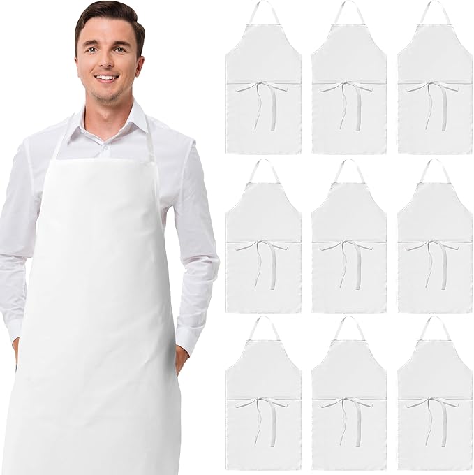 White Classic White Aprons Bulk - Commercial Chef Bib Apron for Kitchen and Restaurant Cooking without Pockets, Unisex Women and Men, Adult - 12 Pack