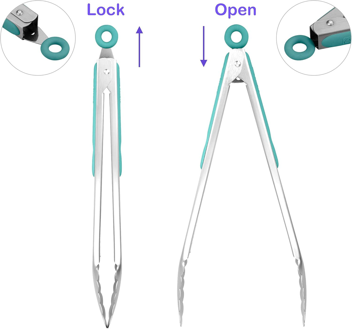 304 Stainless Steel Kitchen Cooking Tongs, 12" and 14" Set of 2 Sturdy Grilling Barbeque Brushed Locking Food Tongs with Ergonomic Grip, Aqua Sky