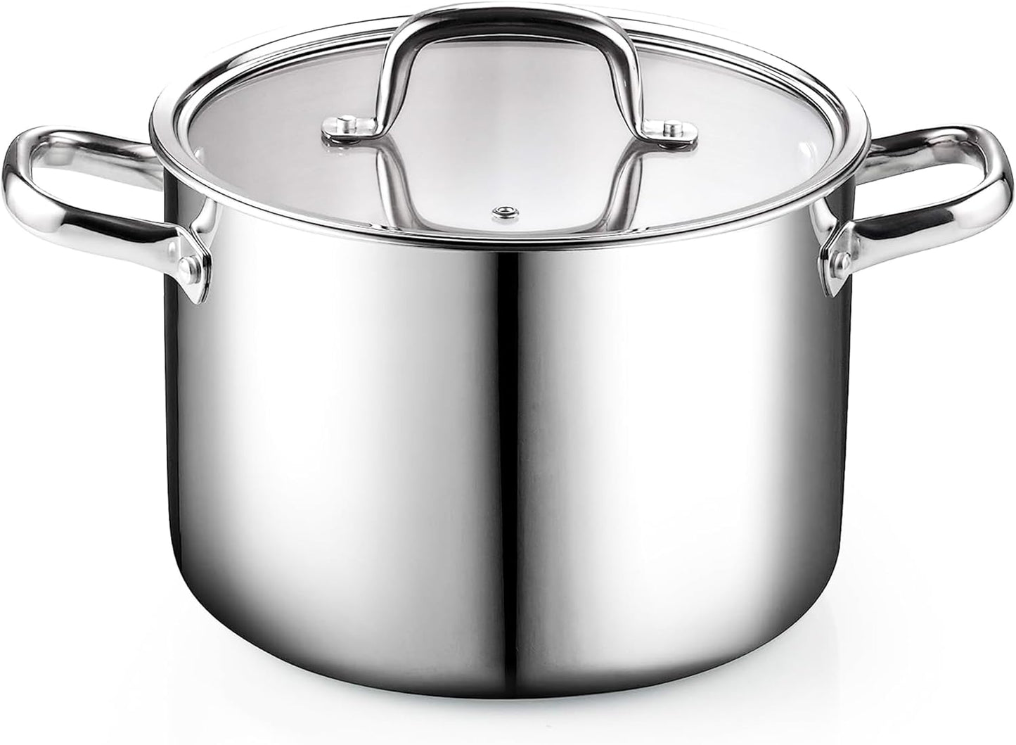 Cook N Home Stainless Steel Stockpot 8 Quart, Tri-Ply Clad Soup Pot with Glass Lid, Induction Compatible, Heavy Duty Canning Pot, Dishwasher Oven Safe, Silver