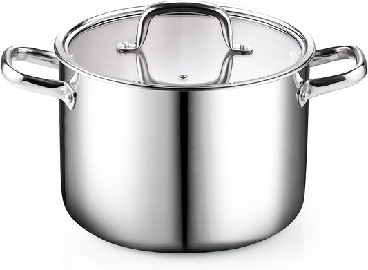 Cook N Home Stainless Steel Stockpot 8 Quart, Tri-Ply Clad Soup Pot with Glass Lid, Induction Compatible, Heavy Duty Canning Pot, Dishwasher Oven Safe, Silver