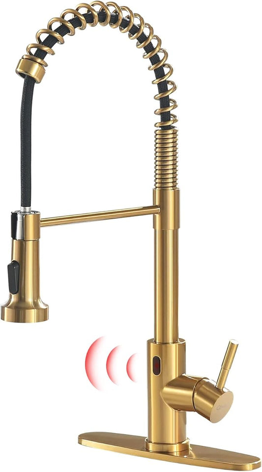 GIMILI Gold Touchless Faucet with Pull Down Sprayer, Motion Sensor Smart Activated Single Hole Spring Faucet for Kitchen Sink, Brushed Brass Finish