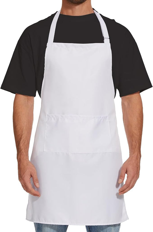 Will Well Kitchen Apron for Men and Women - 33" x 27" Oil-and-Water-Resistant with Adjustable Neck Strap and 38" Waist Ties for a Snug Fit, Lightweight with 2 Front Pockets - 1-Pack, White