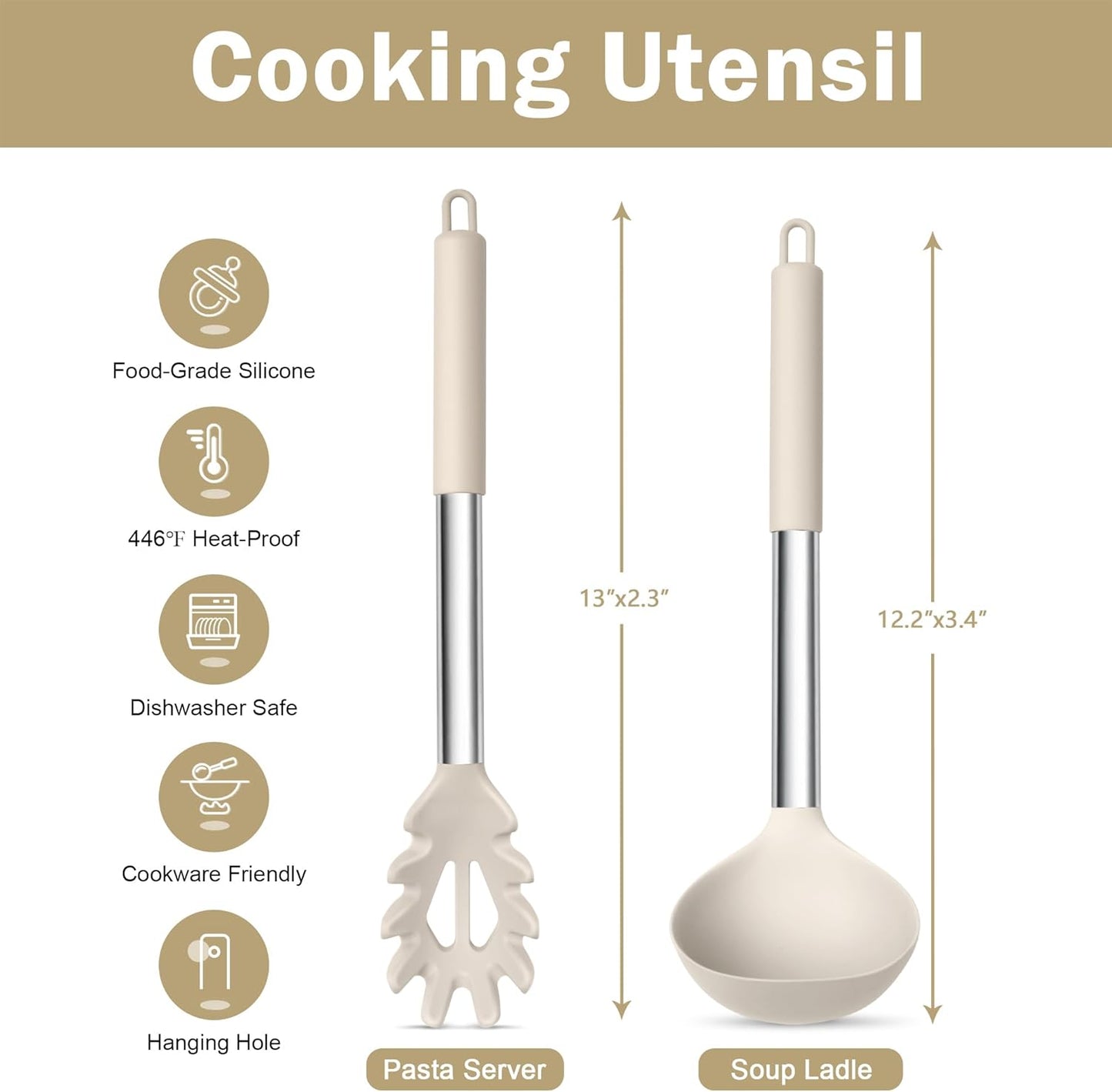 TeamFar Silicone Soup Ladle and Pasta Fork Set, 2 Pcs Large Nonstick Kitchen Cooking Utensils with Stainless Steel Handle for Draining, Serving Soup, Sauce, Spaghetti, Non-Toxic & Heat-Proof, Khaki