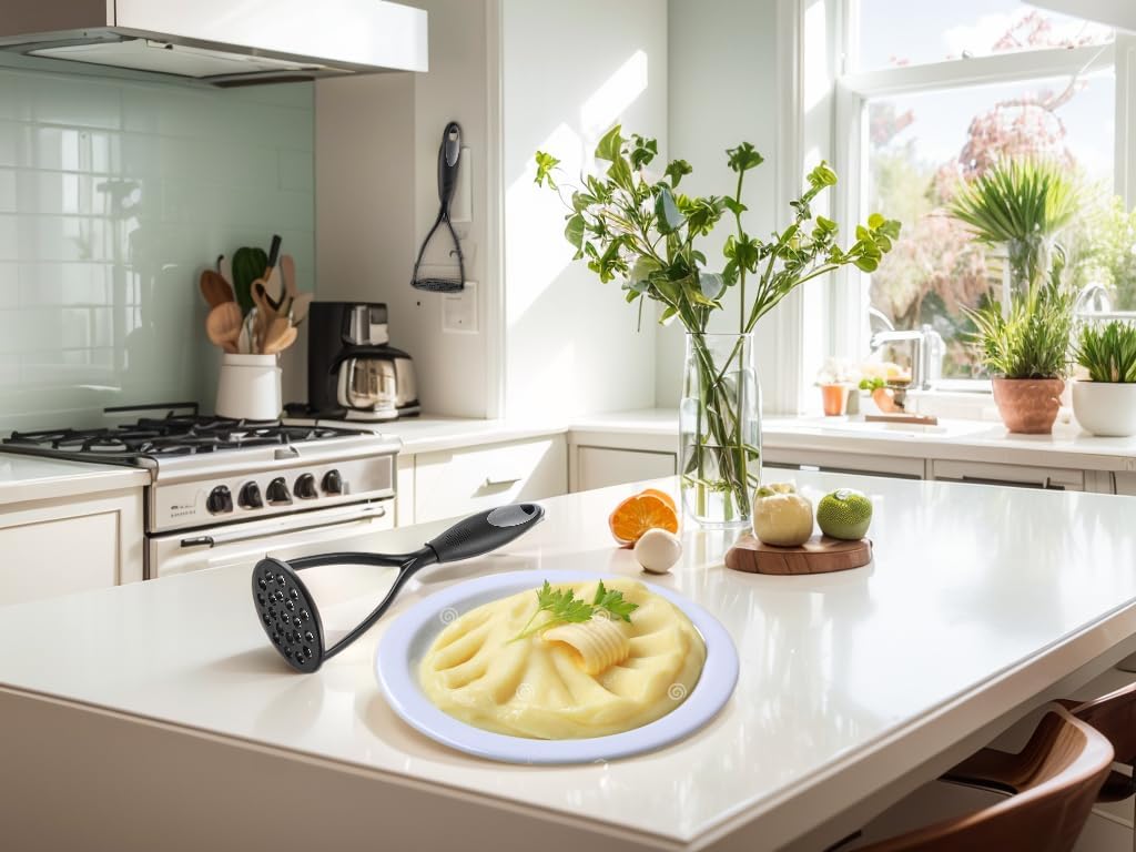 KSENDALO Nylon Potato Masher Set of 2, Thick Nonstick Food Masher Comfortable Rubber Wrapped Handle European Imported Nylon Blade, Black