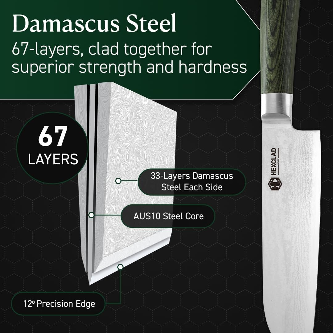 HexClad Santoku Knife, 7-Inch Japanese Damascus Stainless Steel Blade, Pakkawood Handle
