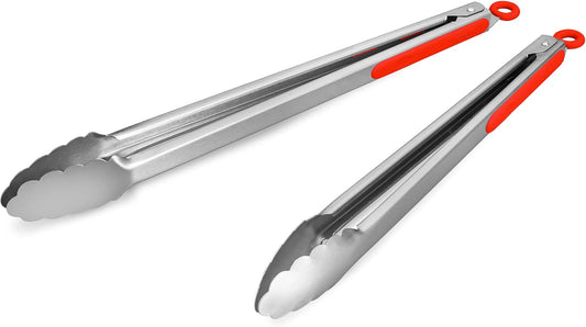 304 Stainless Steel Kitchen Cooking Tongs, 14" and 16" Set of 2 Sturdy Grilling Barbeque Brushed Locking Food Tongs with Ergonomic Grip, Red