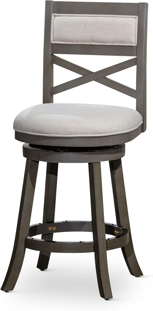DTY Indoor Living Meeker 24 Inch Counter Height Bar Stools with Backs - Wooden Swivel Counter Stools for Kitchen Island - Beige Fabric Seat, Solid Wood Frame, Weathered Gray Finish