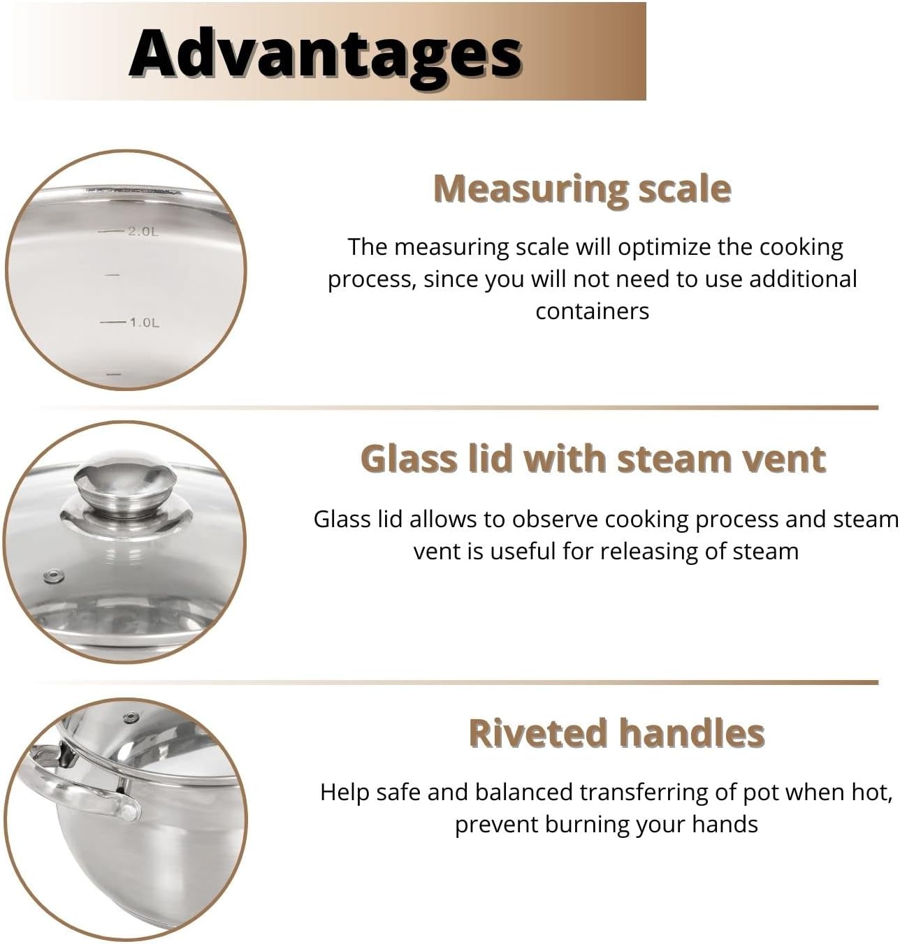 Daniks Classic Stainless Steel Stock Pot with Glass Lid – Induction 3 Quart, Dishwasher Safe, Measuring Scale, For Soup, Pasta, Stew, Silver