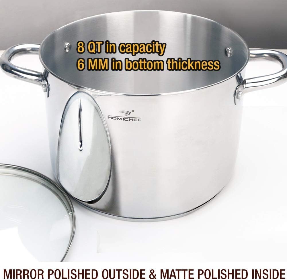 HOMICHEF Stock Pot 8 Quart with Lid Nickel Free Stainless Steel - Mirror Polished Stockpot 8 QT with Lid - HEALTHY COOKWARE Stockpots 8 Quart - Soup Pot for Induction Cooktop