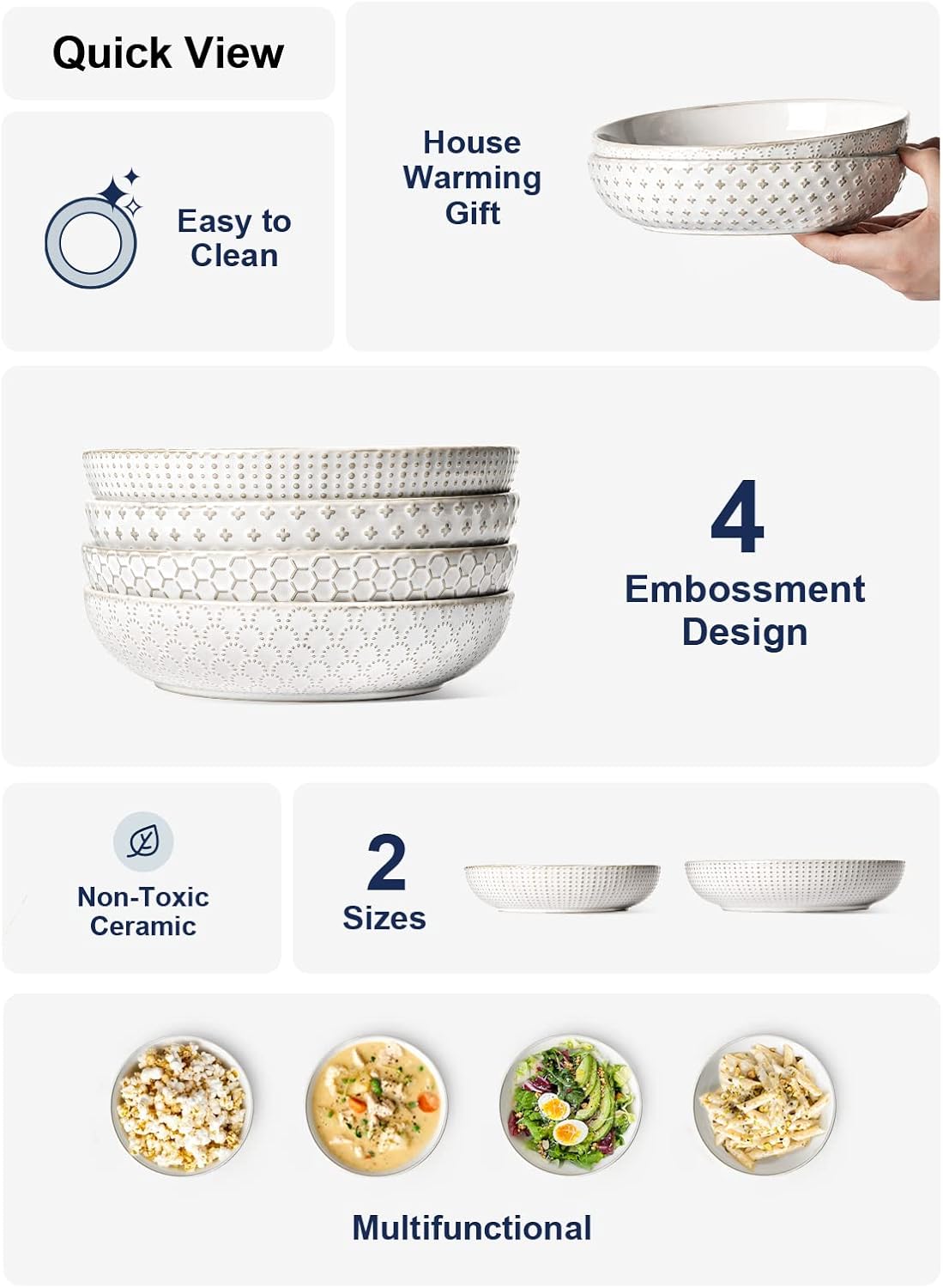 LE TAUCI Pasta Bowl 36 oz, Salad Bowl Serving Plate Bowls, Housewarming Wedding Present, Ceramic Embossment Bowl for Pasta, Fruits, Salad, Noodle, Dinner - 8 Inch, Set of 4, Arctic White