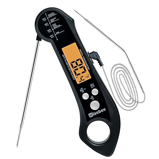 Wisebee 2-in-1 Meat Thermometer, Digital Instant Read Food Kitchen Thermometer with Dual Probes | Waterproof | Alarm Set | Calibration | Backlit | Hold Function for Cooking (Black)