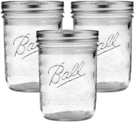 Ball Wide Mouth Glass Mason Jars with Lids and Bands, Used for Canning, Pickling, Juice, Jam, Jelly, Pint Size 16 Ounce (Pack of 3)