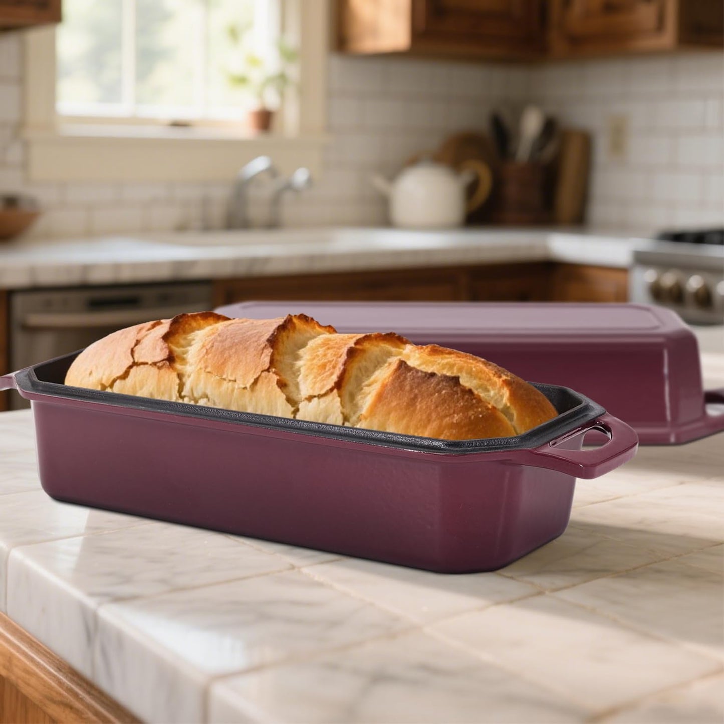 Bread Pan Cast Iron Loaf Pan with Lid Bread Loaf Pan 13x5 Inch Enameled Cast Iron Sourdough Bread Pan,Magenta