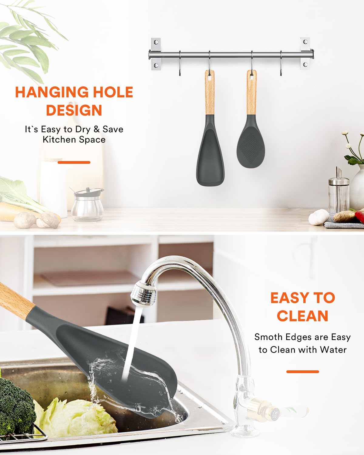 Cooking Spoon and Rice Scooper for Nonstick Cookwares, Great for Cooking and Serving Sturdy BPA-Free Matte Silicone, Wood Handle Spoon for Mixing, Scoop, and Scrape (GREY)