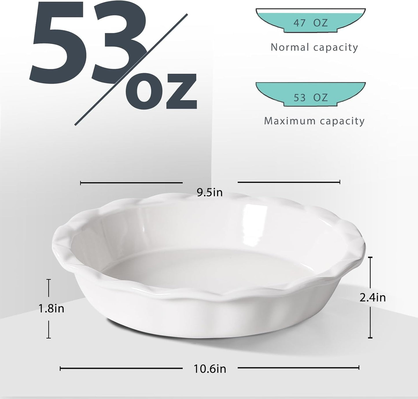 Lareina Ceramic Pie Pans for Baking, 9 Inch Deep dish pie plates with Ruffled Edge for Apple Pie, Durable Pie Dish, Non-Stick, Oven & Dishwasher Safe, Set of 2, White