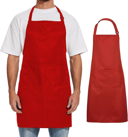 Will Well Kitchen Apron for Men and Women - 33" x 27" Oil-and-Water-Resistant with Adjustable Neck Strap and 38" Waist Ties for a Snug Fit, Lightweight with 2 Front Pockets - 1-Pack, Red