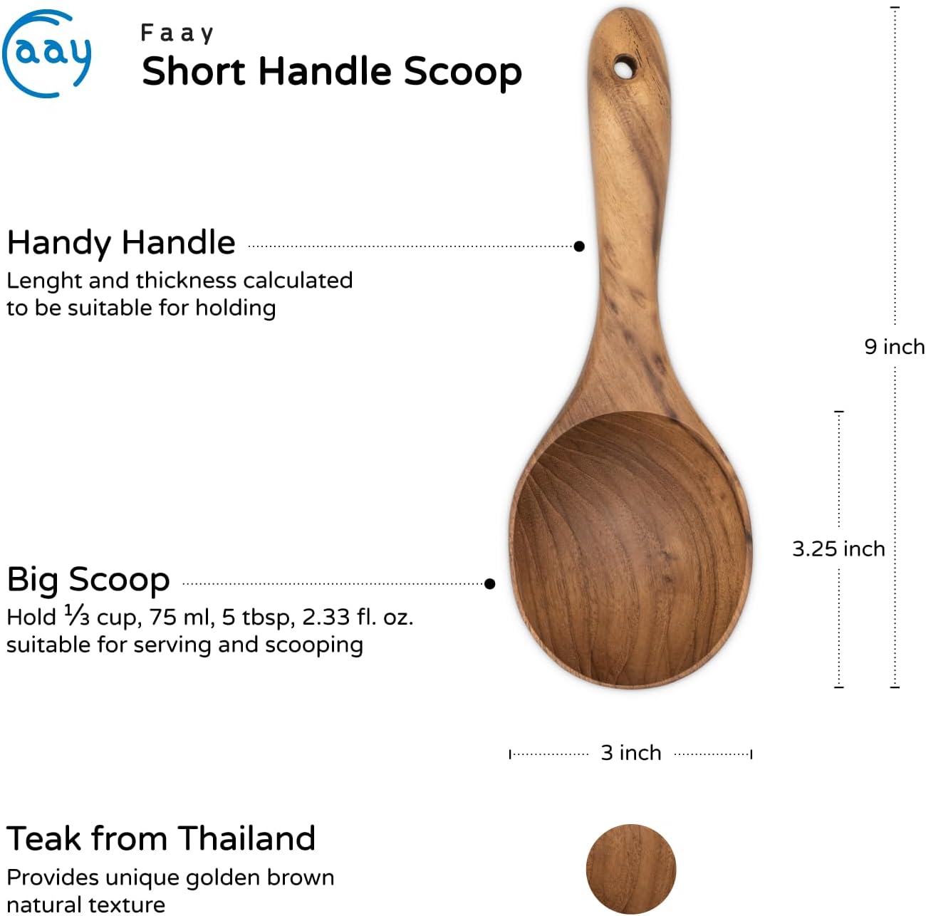 FAAY Short Handle Ladle, Eco Friendly Wooden Kitchen Tool, Hand Carved Unique Grain Server Gravy Ladle