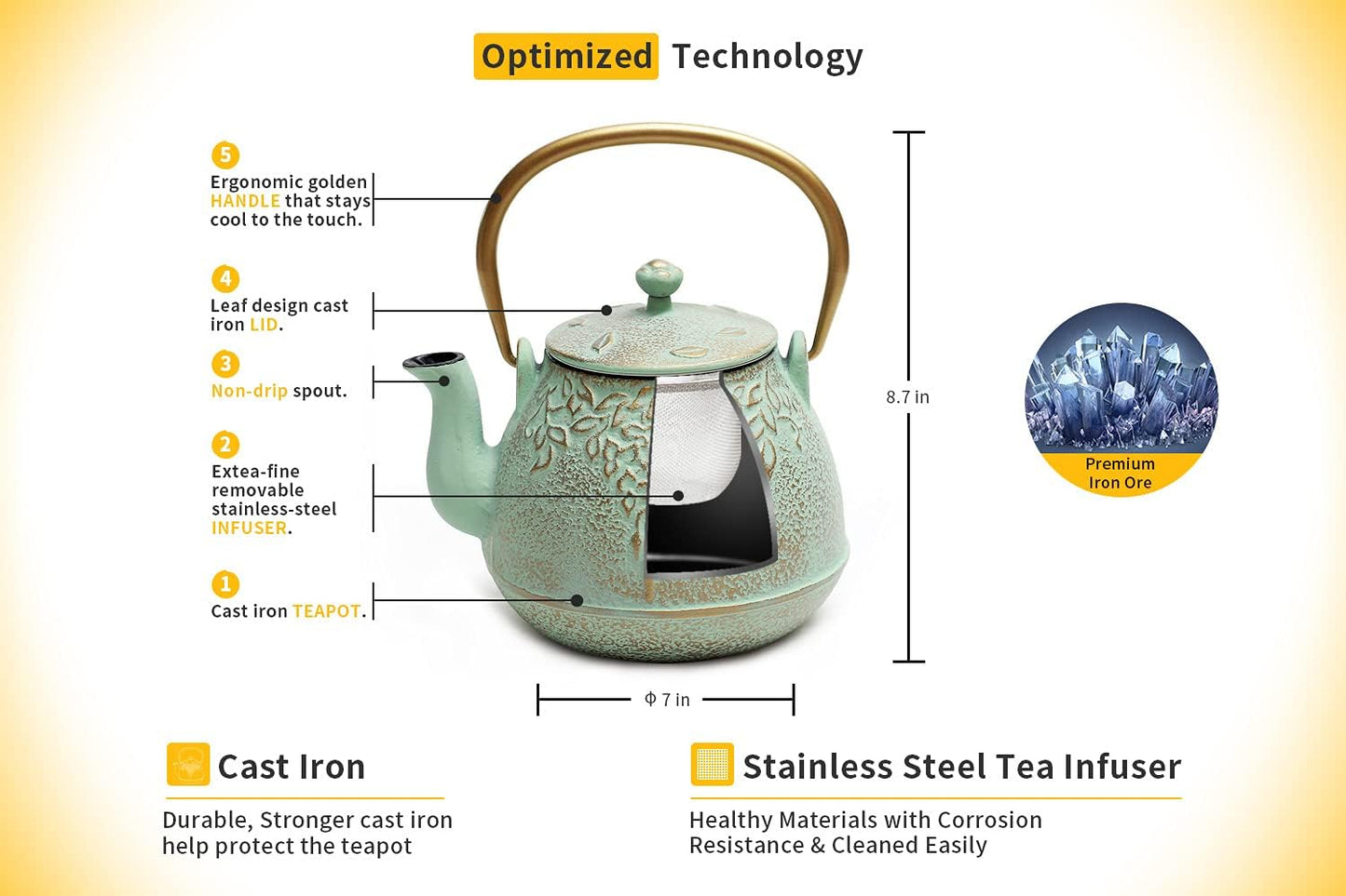 Tea Kettle, TOPTIER Japanese Cast Iron Teapot with Infuser for Loose Leaf and Tea Bags, Stovetop Safe Cast Iron Tea Kettle Coated with Enameled Interior for 40 oz (1200 ml), Light Green