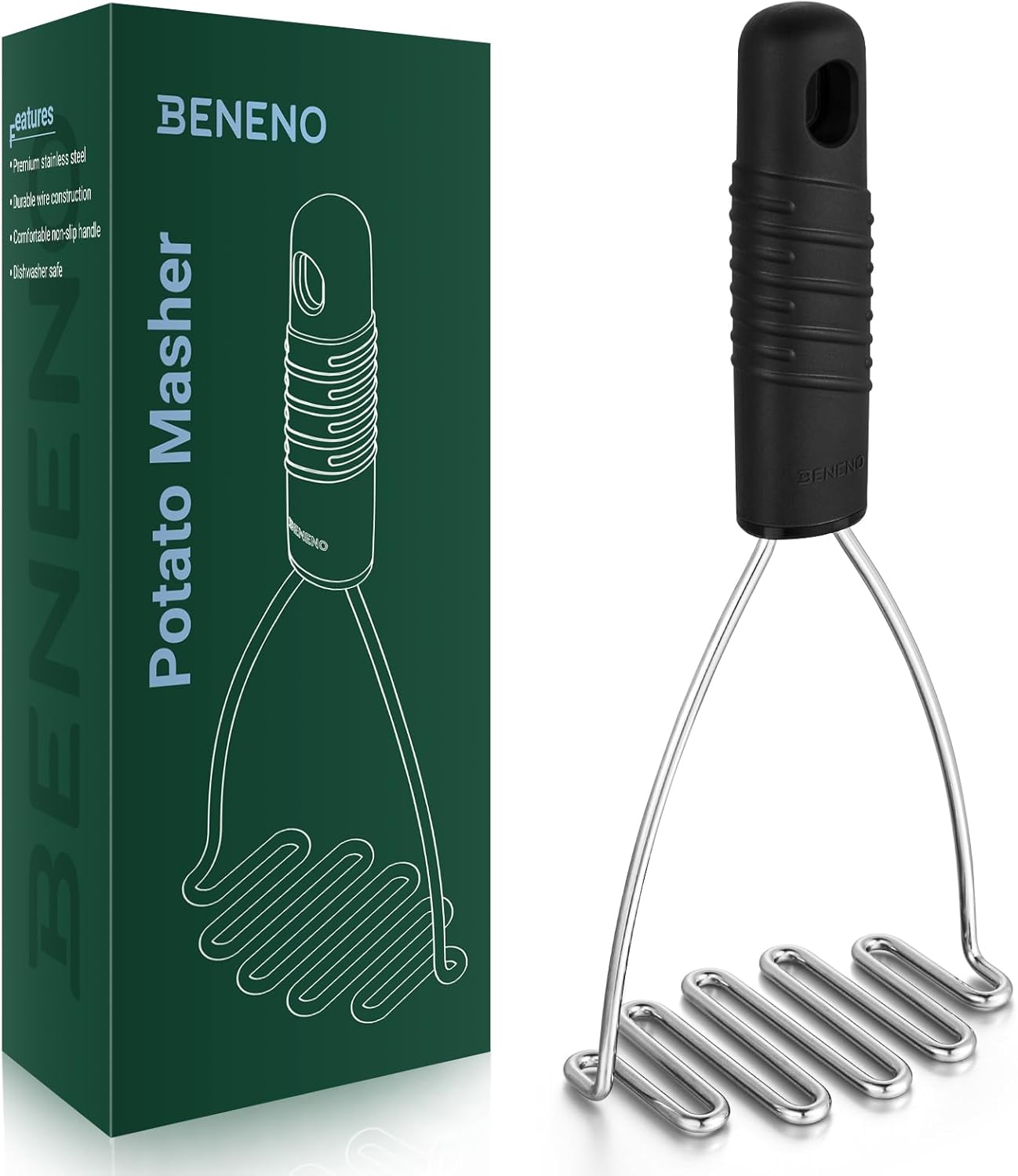 Beneno Stainless Steel Wire Potato Masher, Heavy Duty Sturdy Easy Grip Masher Kitchen Tools with Non-Slip Soft Rubber Handle, Effortless Mashing Tool for Potatoes, Avocados, Dishwasher Safe, Rustproof