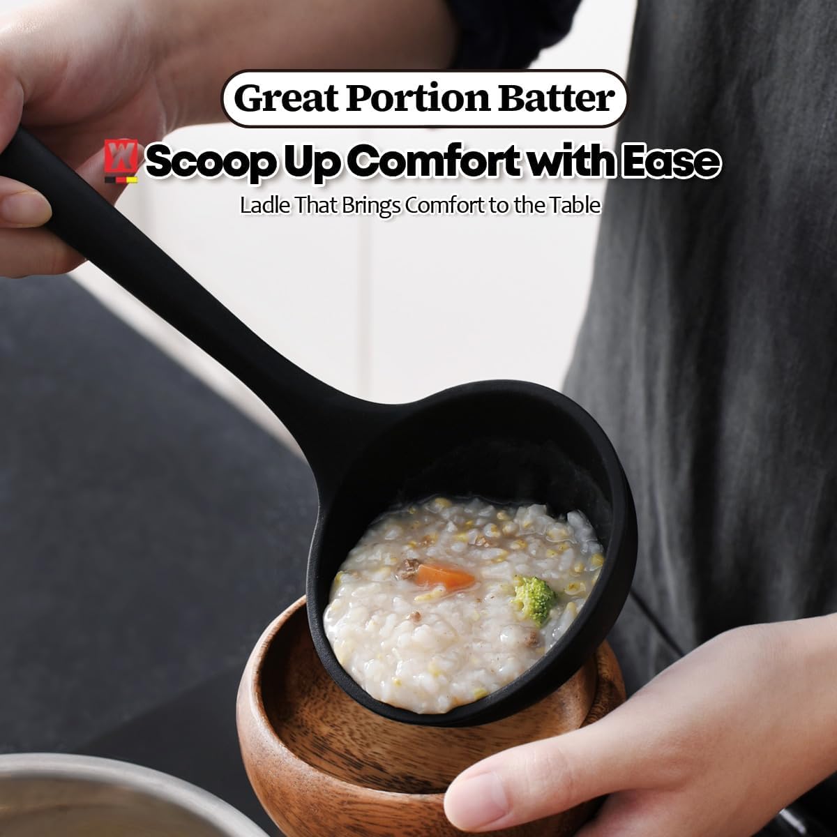 Set of 2pc Silicone Cooking Utensils: Wooden Handle Ladle + Long Head Serving & Cooking Spoon, Heat Resistant, BPA Free, Scratch-Resistant Surface Design